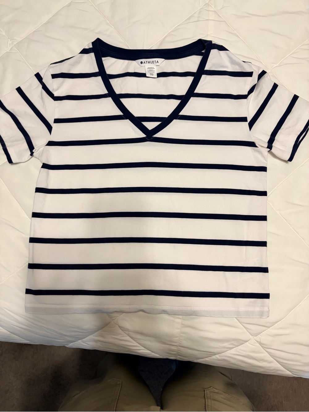 Athleta White & Navy Striped V-Neck Short Sleeve Tee